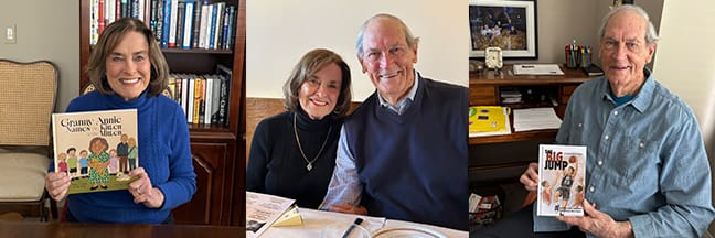 Three images. First shows Dr. Anne Cairns Federlein holding her first book, Granny Annie Names the Kitten in the Mitten. Second shows Dr. Federlein and Joe Roop. Third shows Roop holding The Big Jump, a biography written about him.